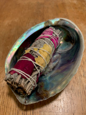 White Sage with Rose and Abalone Shell