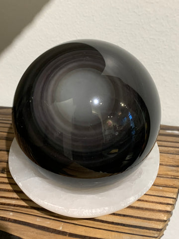Magical Rainbow Obsidian Sphere with Selenite Stand